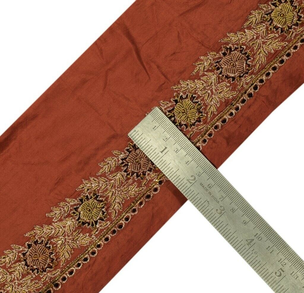 Vintage Sari Border Indian Craft Trim Hand Beaded Embroidered Ribbon Lace Rust