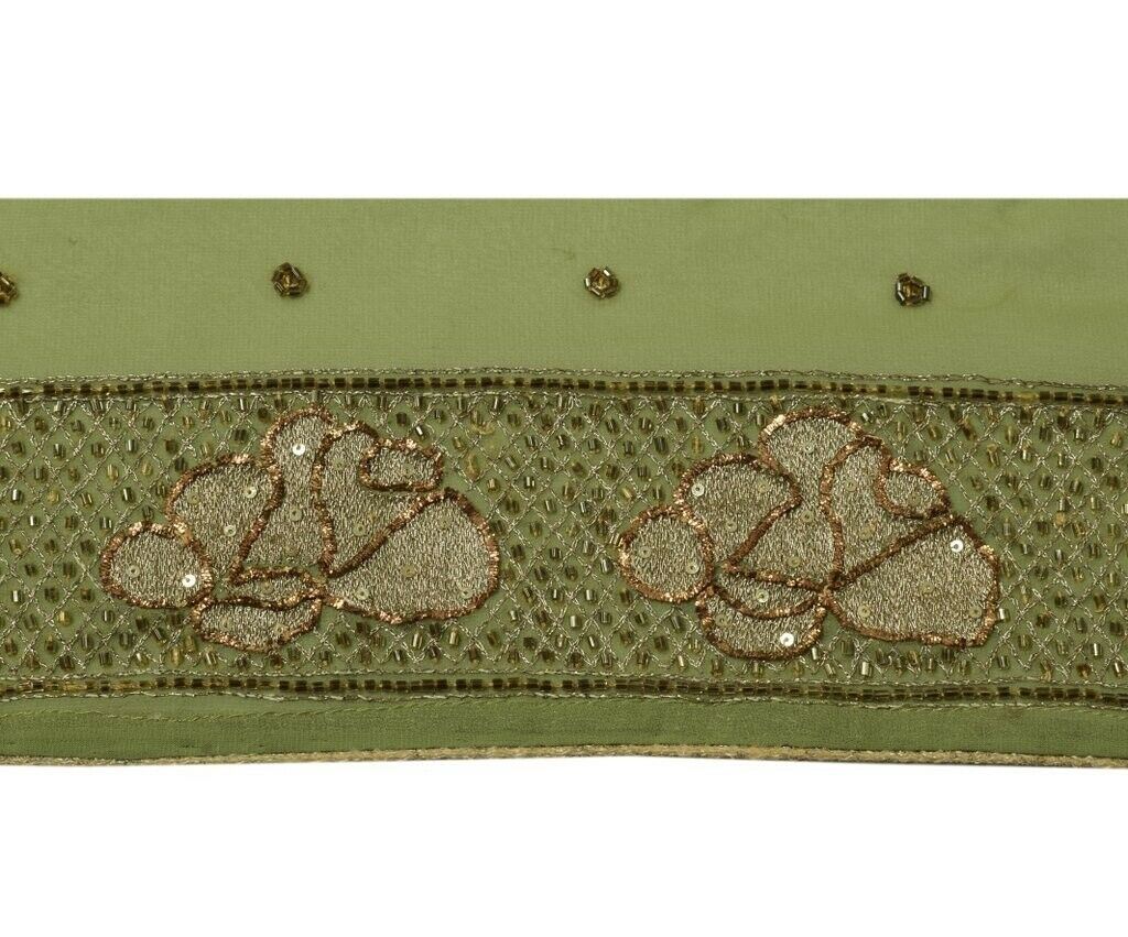 Vintage Sari Border Indian Craft Trim Hand Beaded Embroidered Ribbon Lace Green