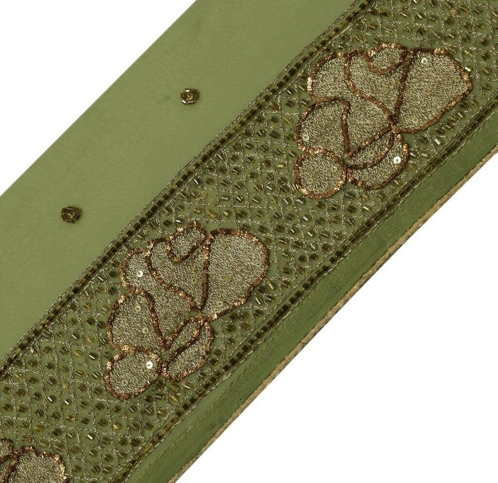 Vintage Sari Border Indian Craft Trim Hand Beaded Embroidered Ribbon Lace Green
