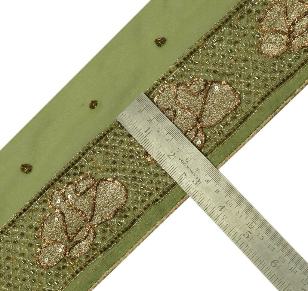 Vintage Sari Border Indian Craft Trim Hand Beaded Embroidered Ribbon Lace Green