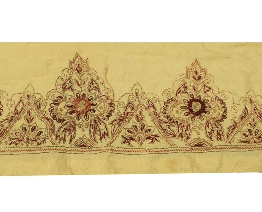 Vintage Sari Border Indian Craft Trim Hand Beaded Embroidered Ribbon Lace Cream