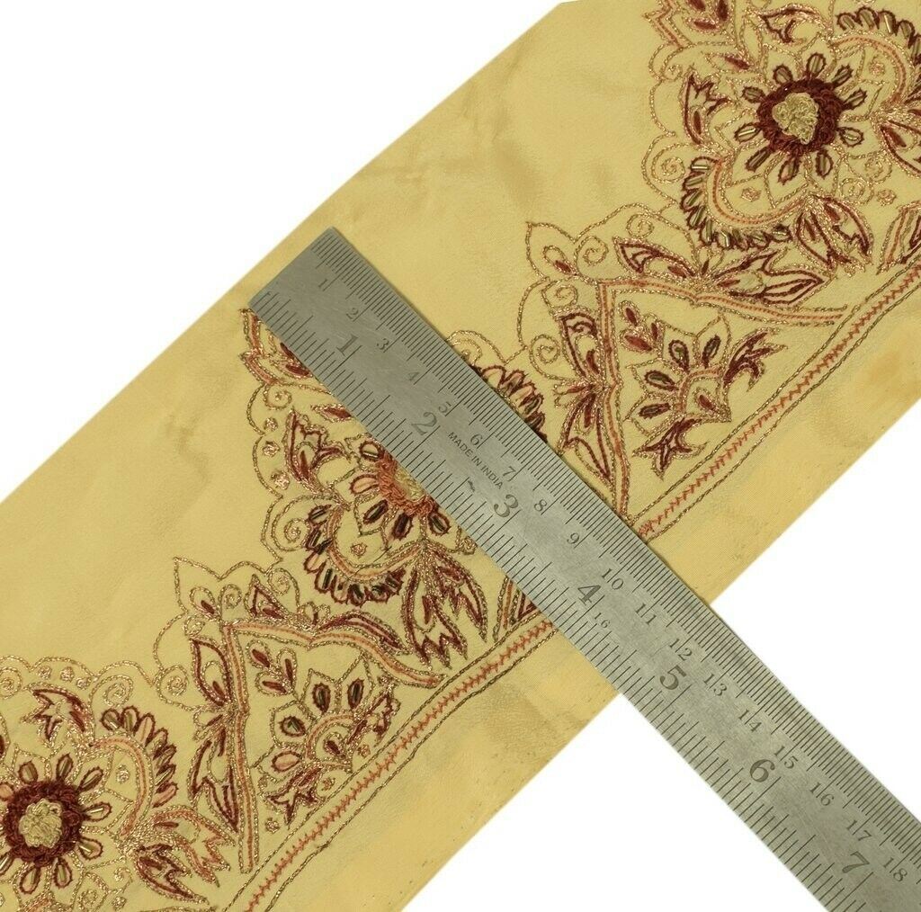 Vintage Sari Border Indian Craft Trim Hand Beaded Embroidered Ribbon Lace Cream