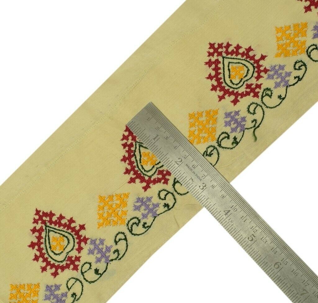 Vintage Sari Border Indian Craft Trim Hand SINDH Embroidery Ribbon Lace Cream
