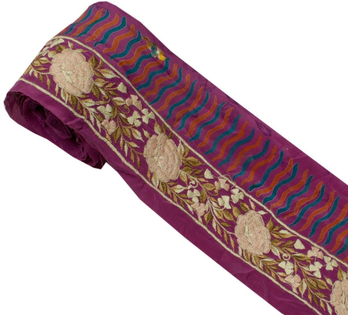 Vintage Sari Border Indian Craft Sewing Trim Embroidered Purple Silk Ribbon Lace