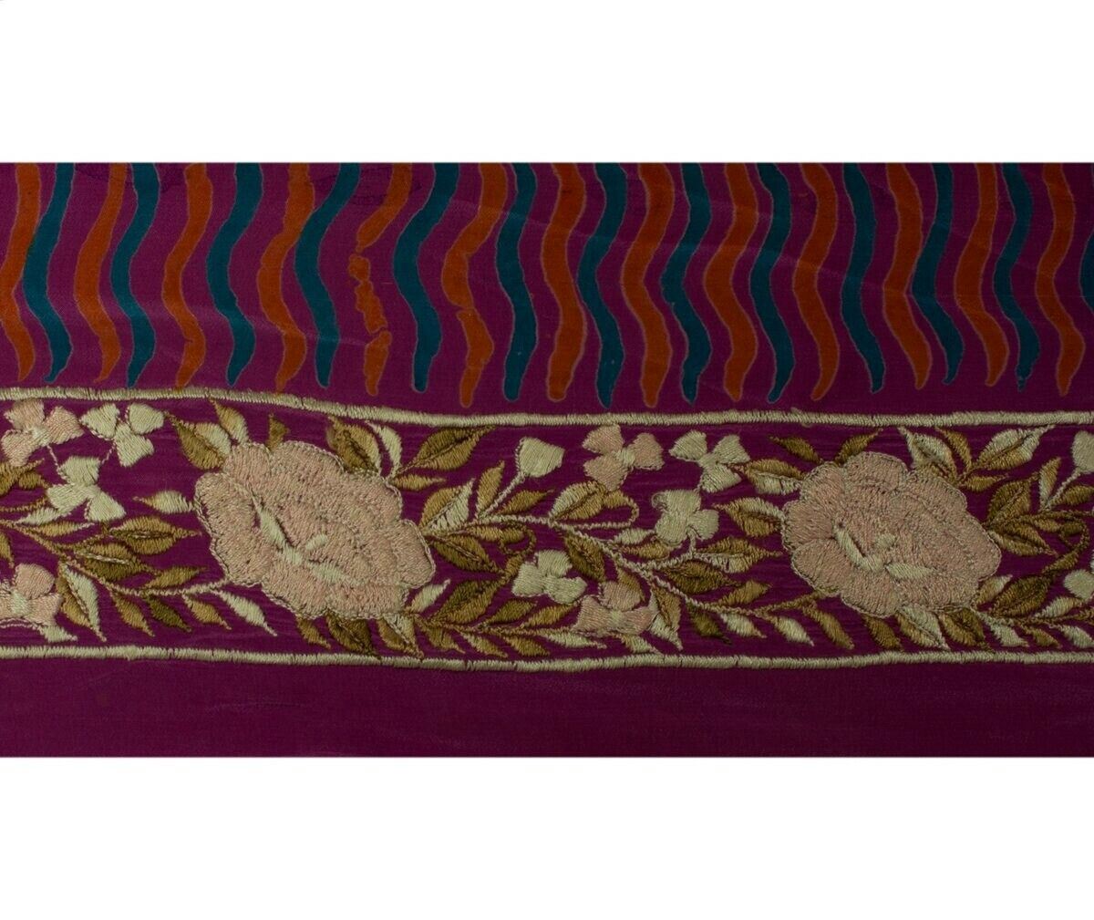 Vintage Sari Border Indian Craft Sewing Trim Embroidered Purple Silk Ribbon Lace
