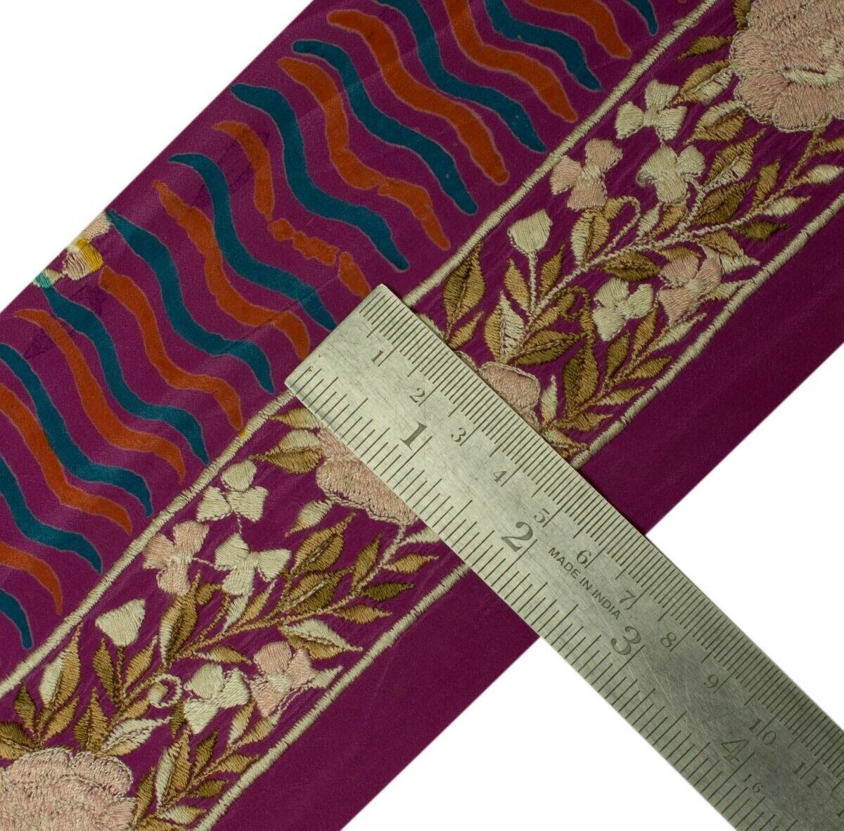 Vintage Sari Border Indian Craft Sewing Trim Embroidered Purple Silk Ribbon Lace