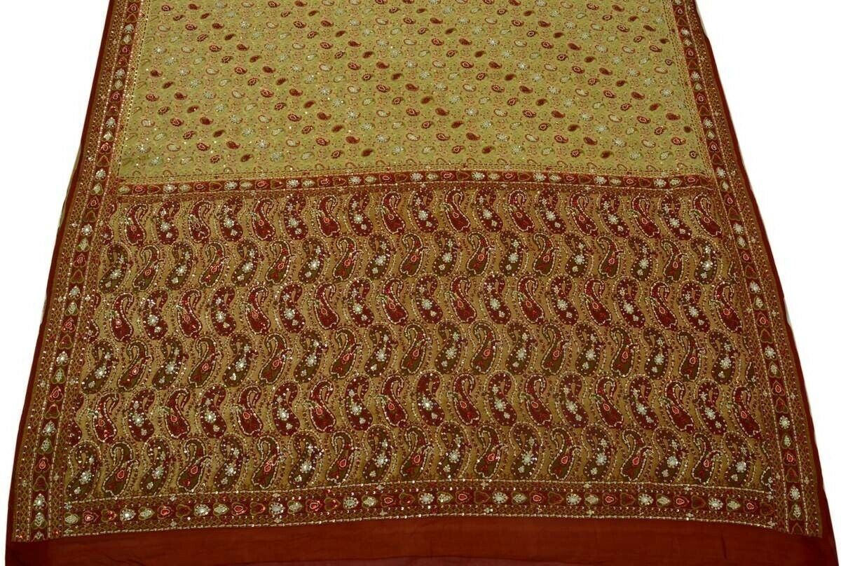 Vintage Saree 100% Pure Silk Woven Hand Beaded Embroidered Sari 5 Yd Fabric