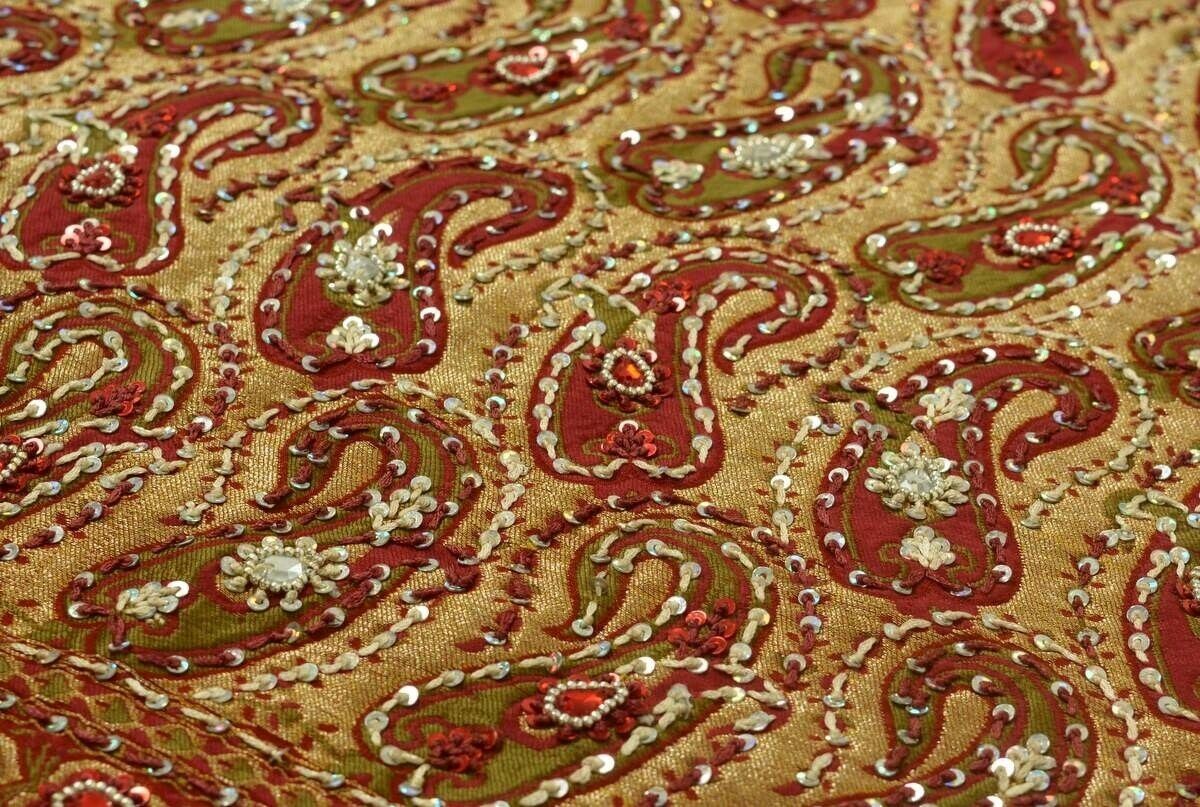 Vintage Saree 100% Pure Silk Woven Hand Beaded Embroidered Sari 5 Yd Fabric