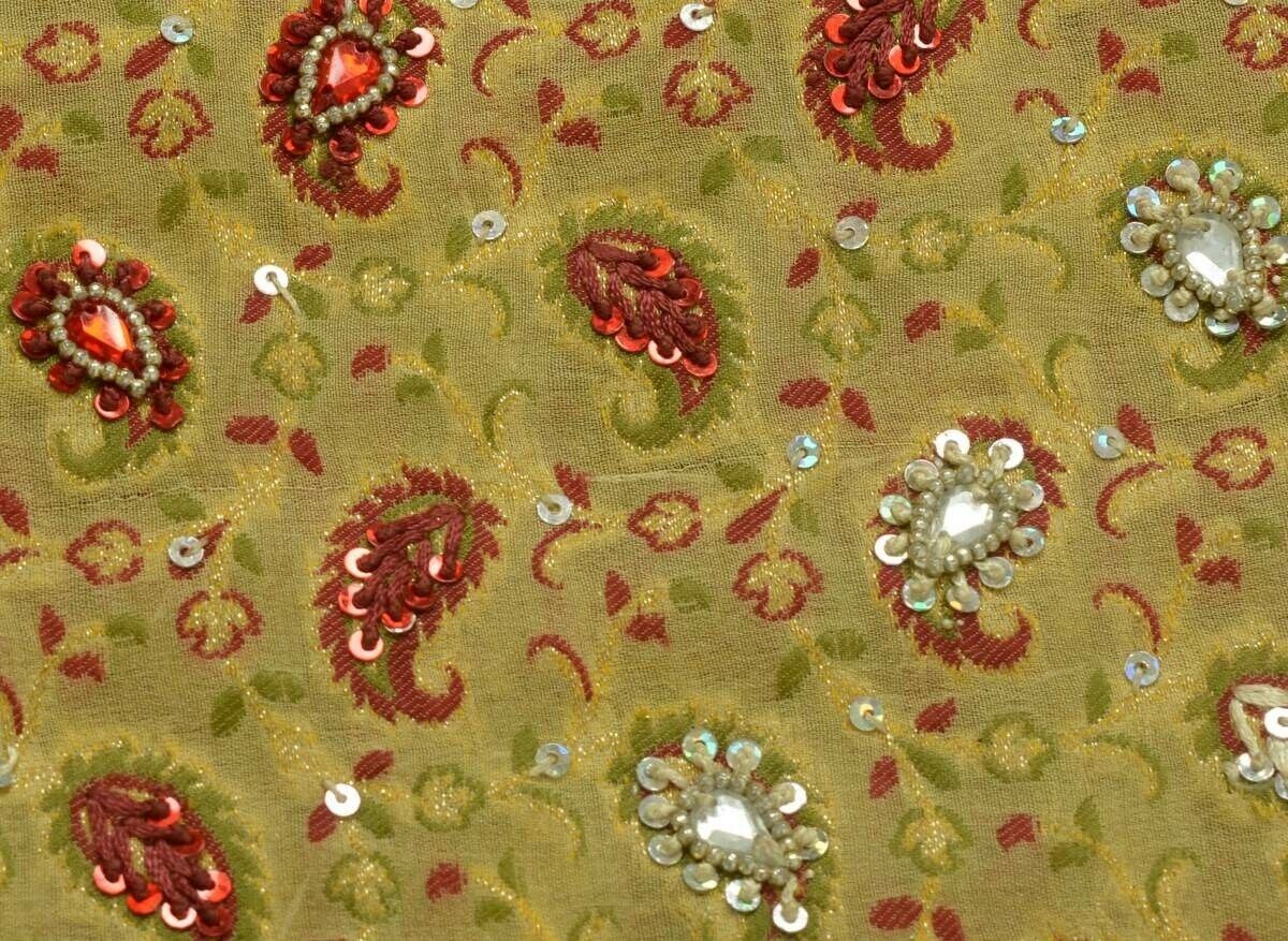 Vintage Saree 100% Pure Silk Woven Hand Beaded Embroidered Sari 5 Yd Fabric