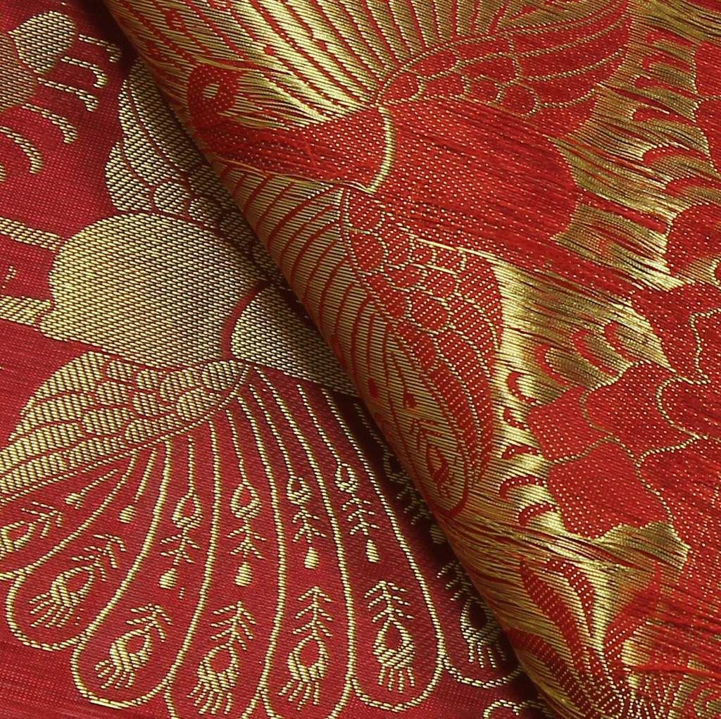 Art Silk Zari Brocade Woven Curtain Craft Multi Purpose Fabric Dancing Peacock R