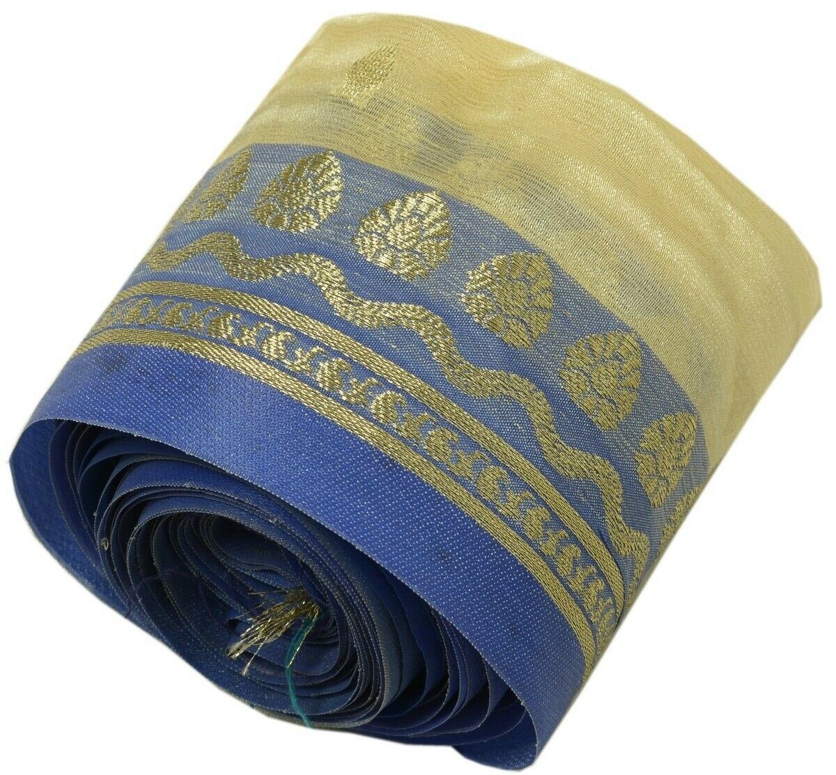 Vintage Sari Border Indian Craft Trim Zari Woven Blue Cream Sewing Ribbon Lace