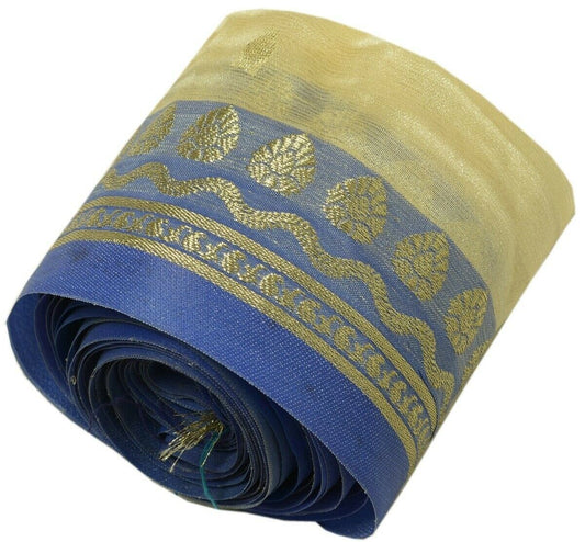 Vintage Sari Border Indian Craft Trim Zari Woven Blue Cream Sewing Ribbon Lace