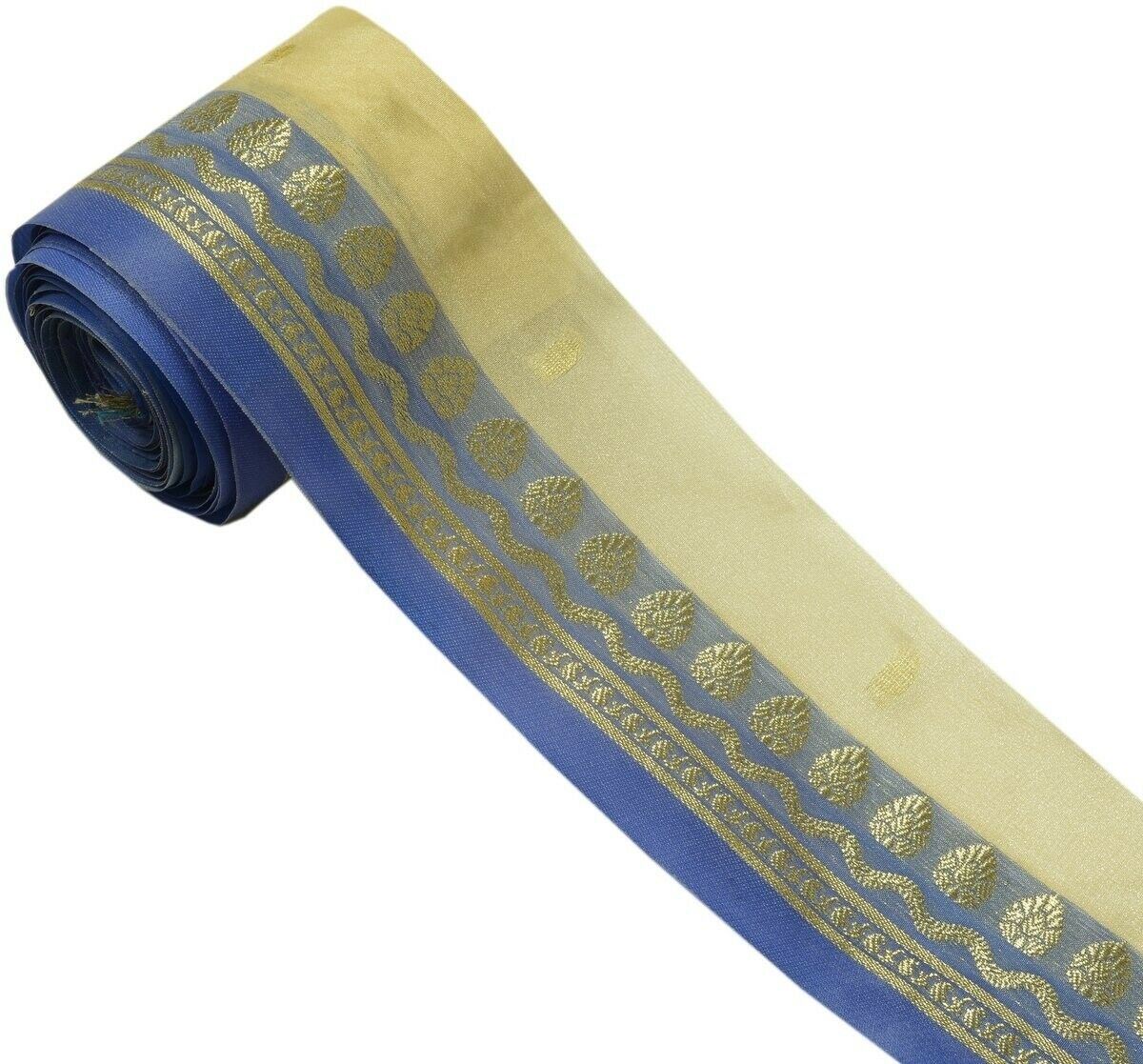 Vintage Sari Border Indian Craft Trim Zari Woven Blue Cream Sewing Ribbon Lace