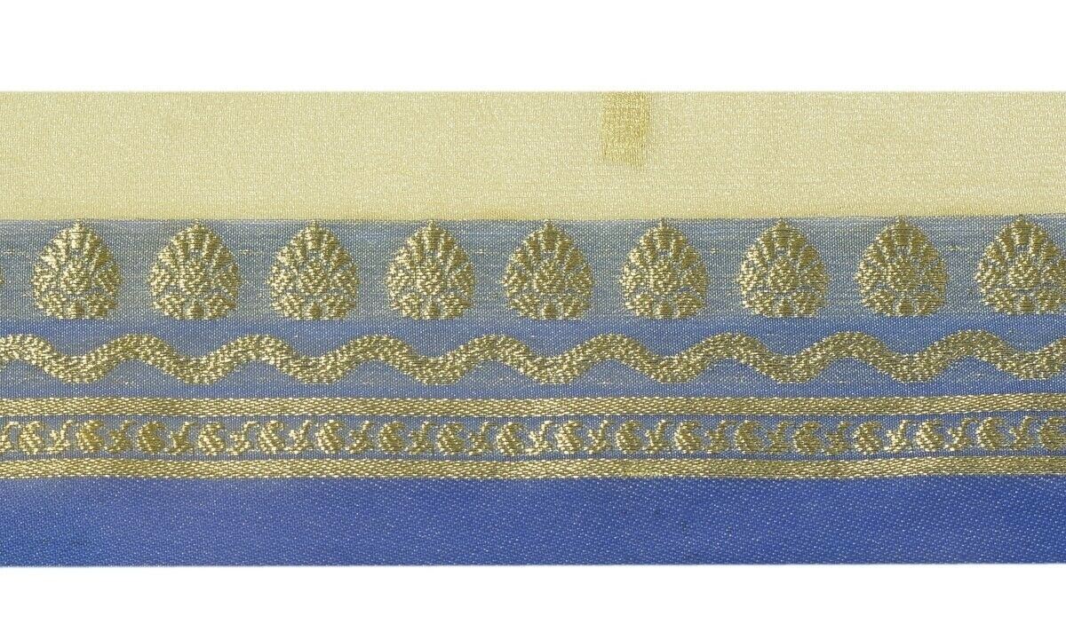 Vintage Sari Border Indian Craft Trim Zari Woven Blue Cream Sewing Ribbon Lace