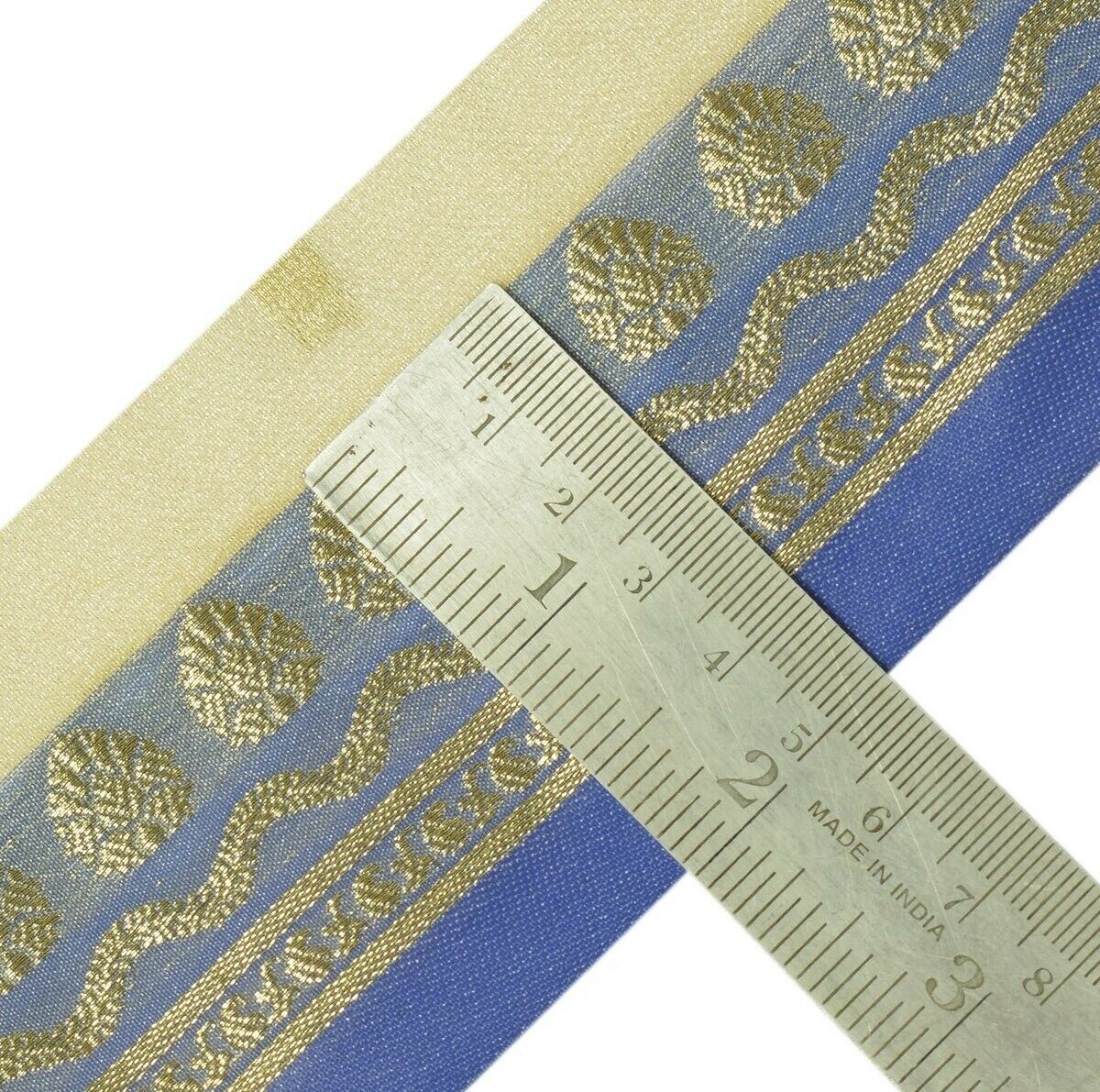 Vintage Sari Border Indian Craft Trim Zari Woven Blue Cream Sewing Ribbon Lace