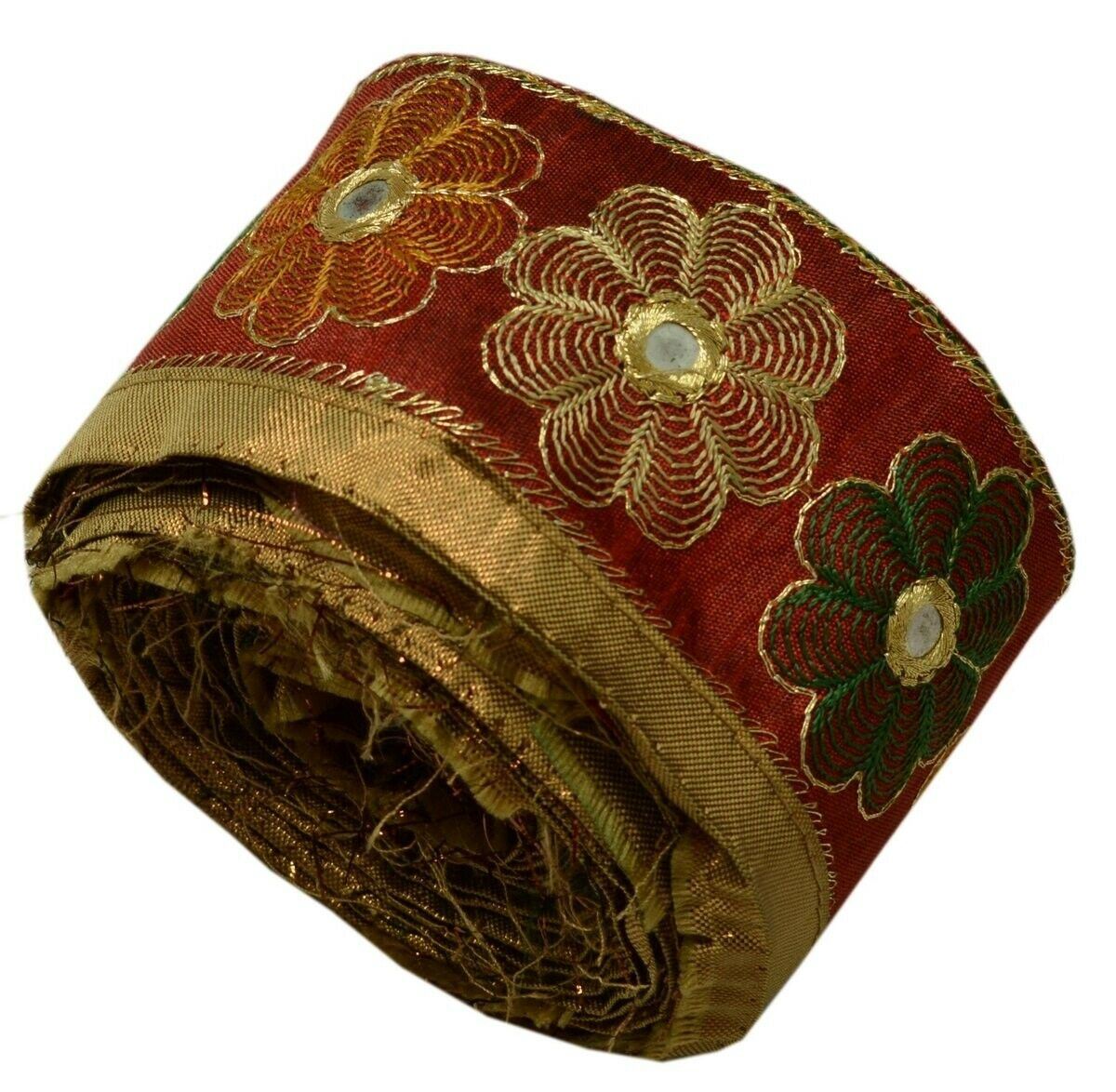Vintage Saree Border Indian Craft Trim Floral Embroidered Maroon Ribbon Lace