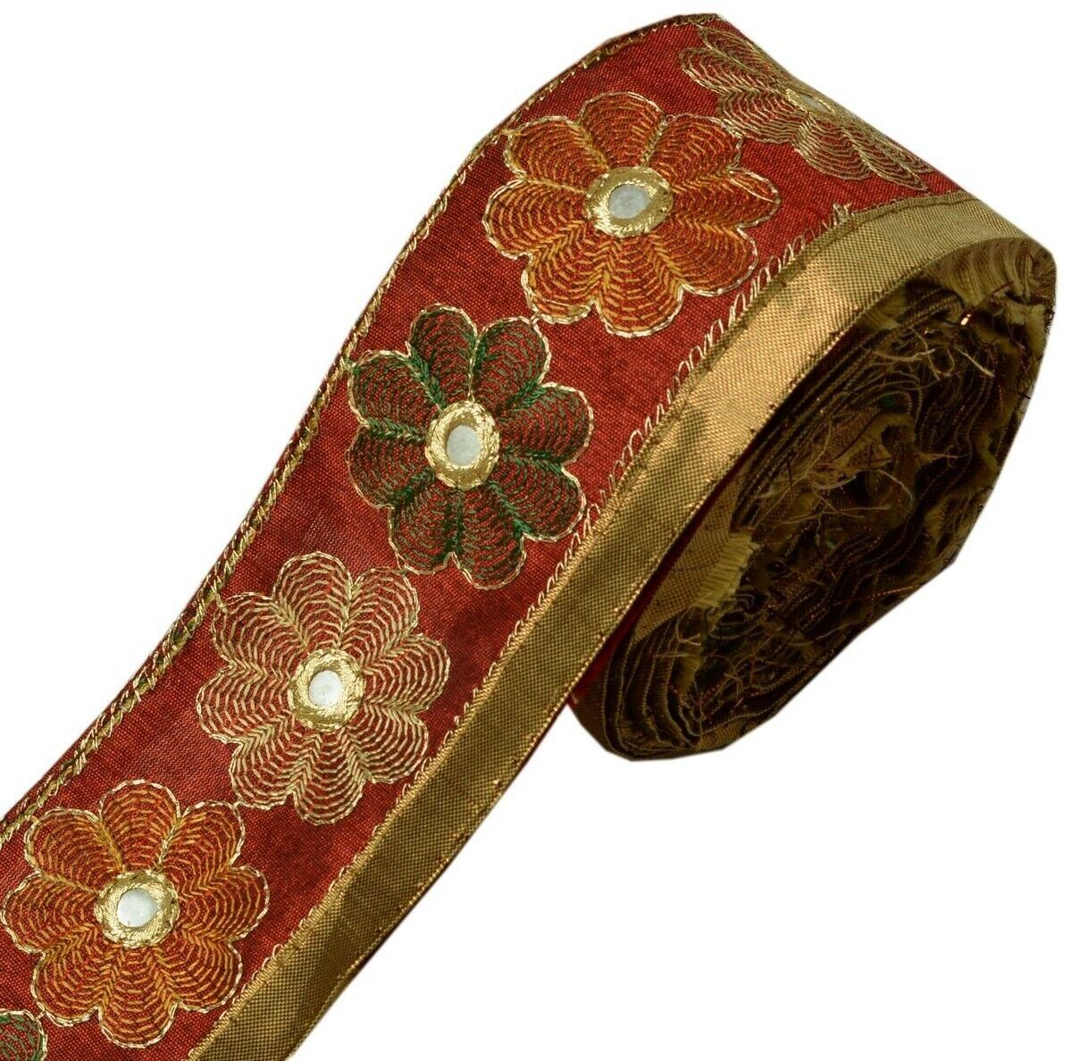 Vintage Saree Border Indian Craft Trim Floral Embroidered Maroon Ribbon Lace