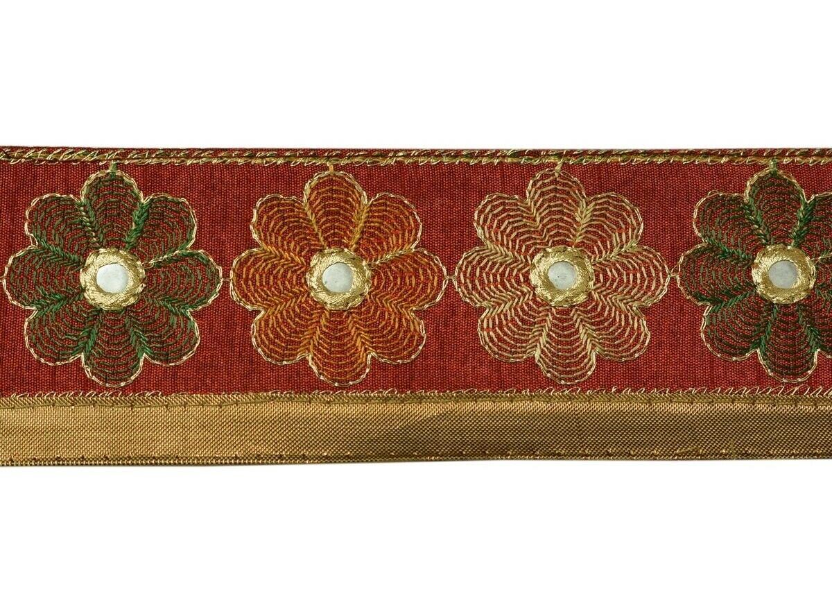 Vintage Saree Border Indian Craft Trim Floral Embroidered Maroon Ribbon Lace