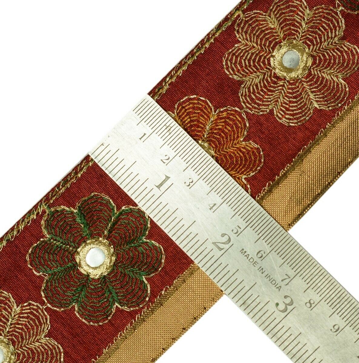 Vintage Saree Border Indian Craft Trim Floral Embroidered Maroon Ribbon Lace