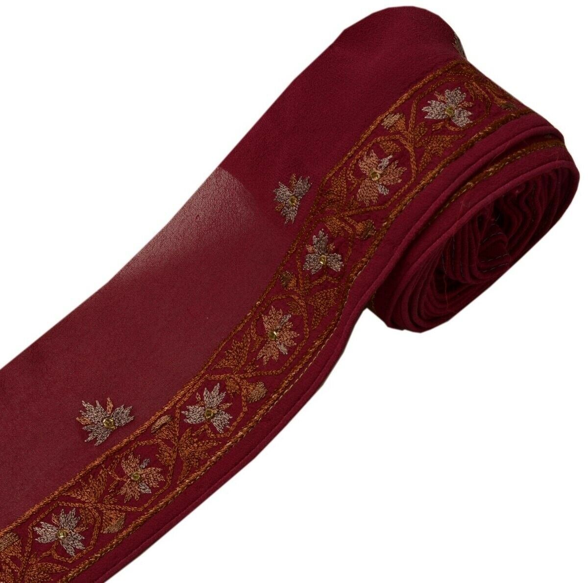 Vintage Sari Border India Craft Trim Embroidered Floral Dark Magenta Ribbon Lace