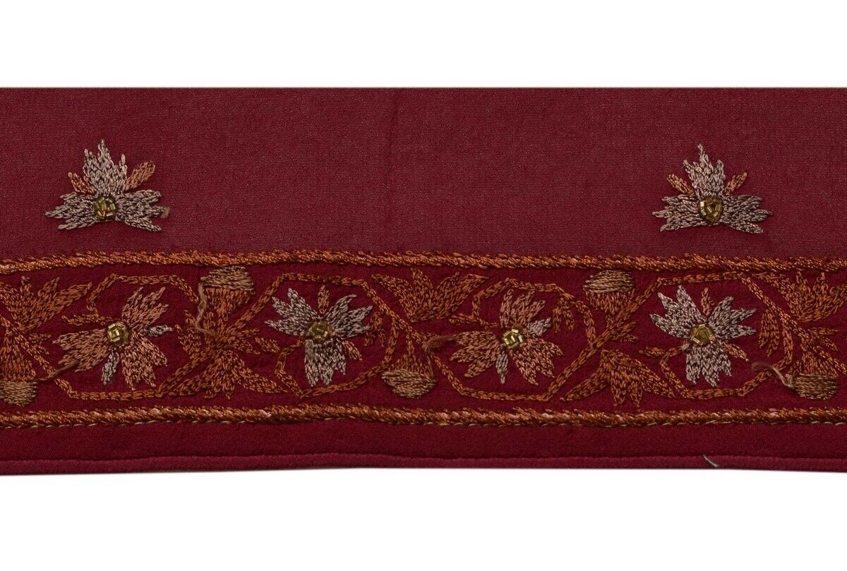 Vintage Sari Border India Craft Trim Embroidered Floral Dark Magenta Ribbon Lace
