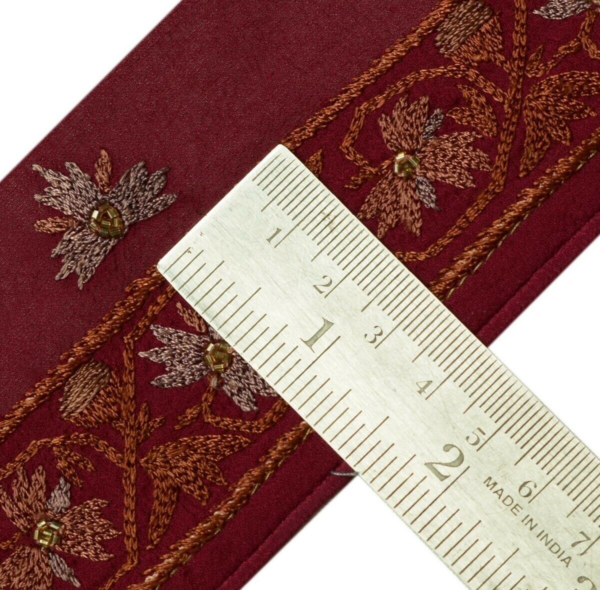 Vintage Sari Border India Craft Trim Embroidered Floral Dark Magenta Ribbon Lace