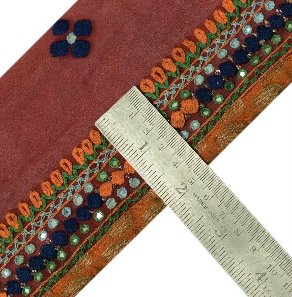 Vintage Saree Sewing Trim Indian Craft Border Hand Embroidered Lace Maroon