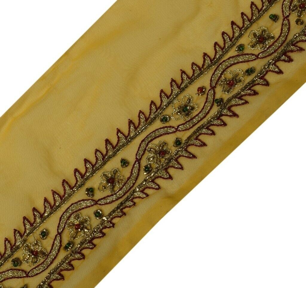 Vintage Sari Border Indian Craft Trim Beaded Embroidered Ribbon Lace Mustard