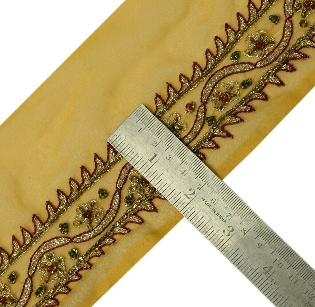 Vintage Sari Border Indian Craft Trim Beaded Embroidered Ribbon Lace Mustard