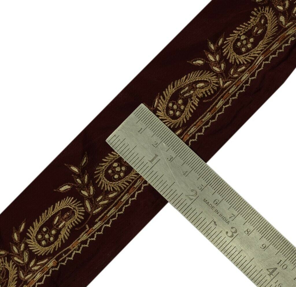 Vintage Sari Border Indian Craft Sewing Trim Hand Embroidered Ribbon Lace Maroon