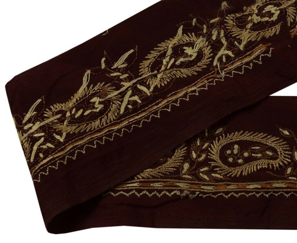 Vintage Sari Border Indian Craft Sewing Trim Hand Embroidered Ribbon Lace Maroon