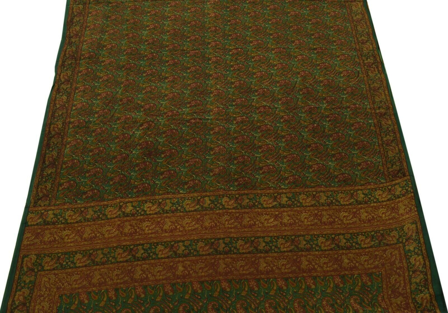 Vintage Scrap Saree 100% Pure Crepe Silk Printed Craft Green Remnant Fabric