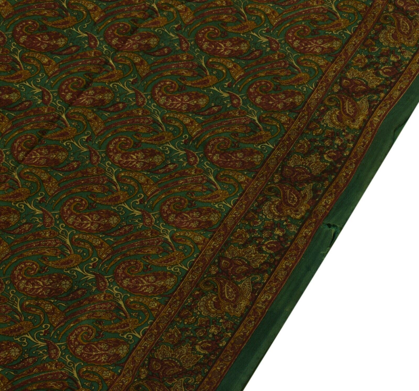 Vintage Scrap Saree 100% Pure Crepe Silk Printed Craft Green Remnant Fabric