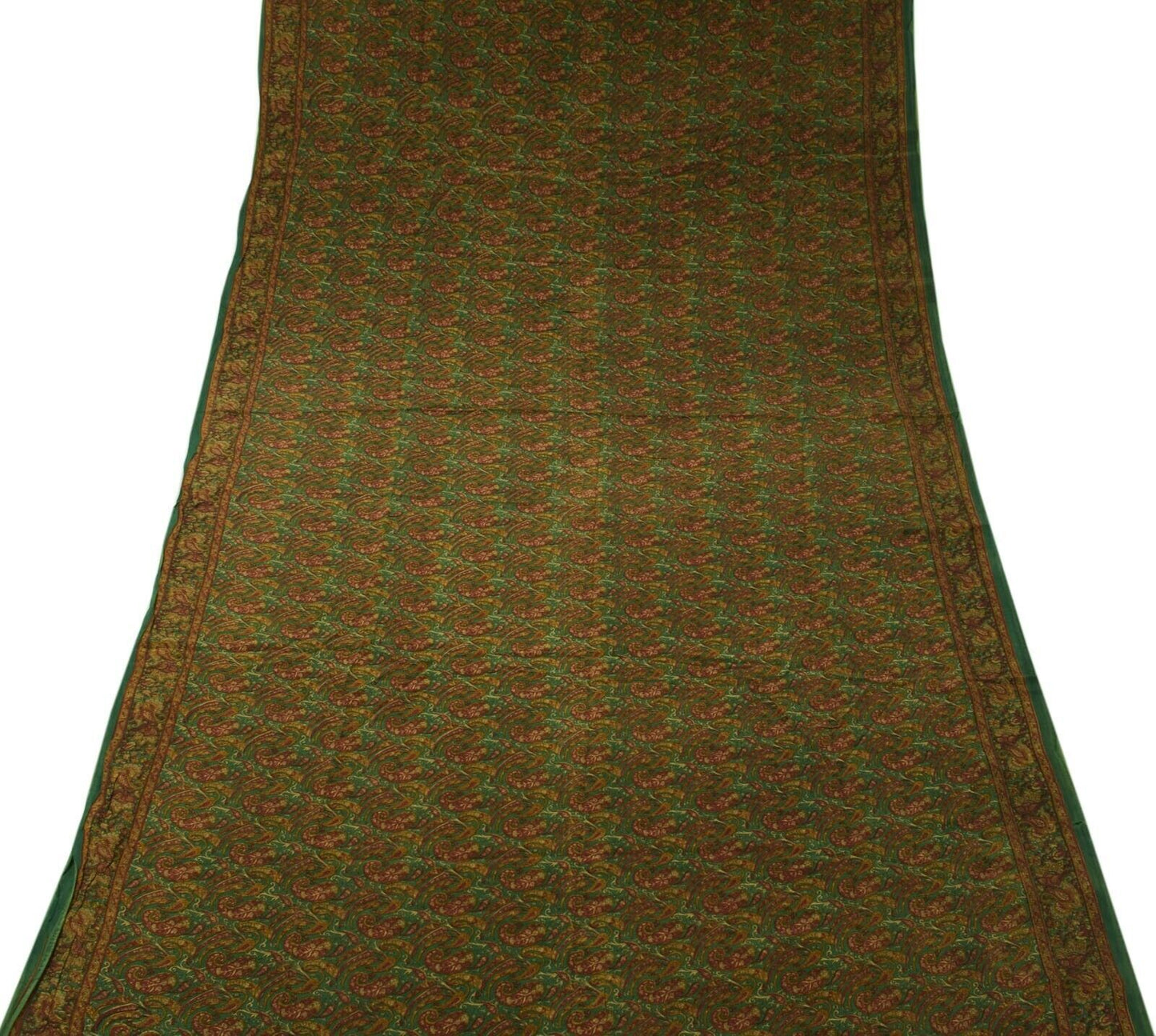 Vintage Scrap Saree 100% Pure Crepe Silk Printed Craft Green Remnant Fabric