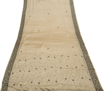 Sushila Vintage Cream Saree Blend Silk Embroidered Floral Sari Craft Fabric