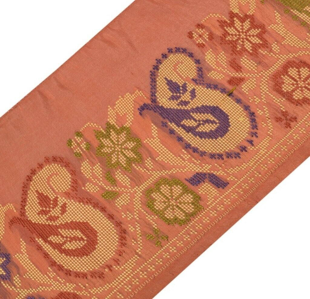 Vintage Sari Border Indian Craft Sewing Trim Woven Peach Pure Silk Lace