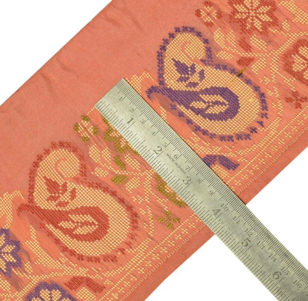 Vintage Sari Border Indian Craft Sewing Trim Woven Peach Pure Silk Lace