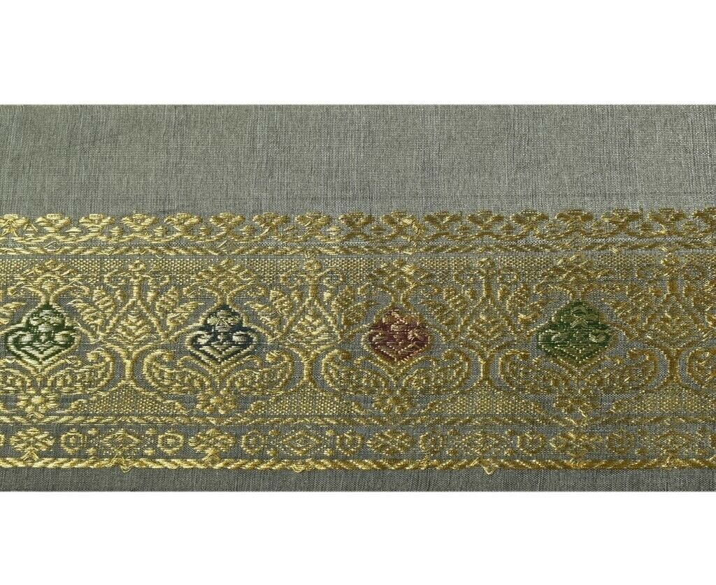 Vintage Sari Border Indian Craft Sewing Trim Zari Woven Gray golden Lace