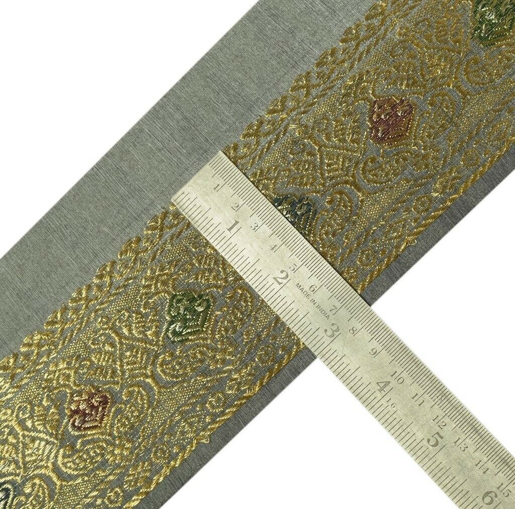 Vintage Sari Border Indian Craft Sewing Trim Zari Woven Gray golden Lace