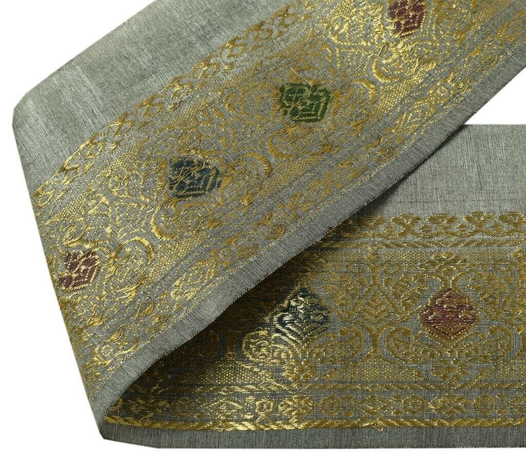 Vintage Sari Border Indian Craft Sewing Trim Zari Woven Gray golden Lace