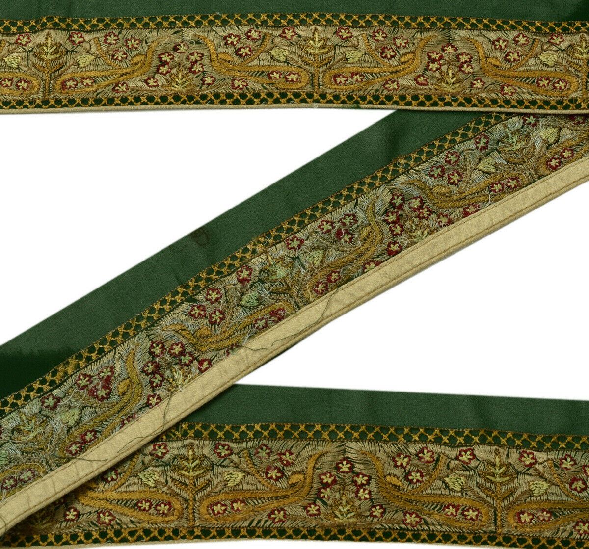 Antique Vintage Saree Border Indian Craft Trim Embroidered Green Ribbon Lace