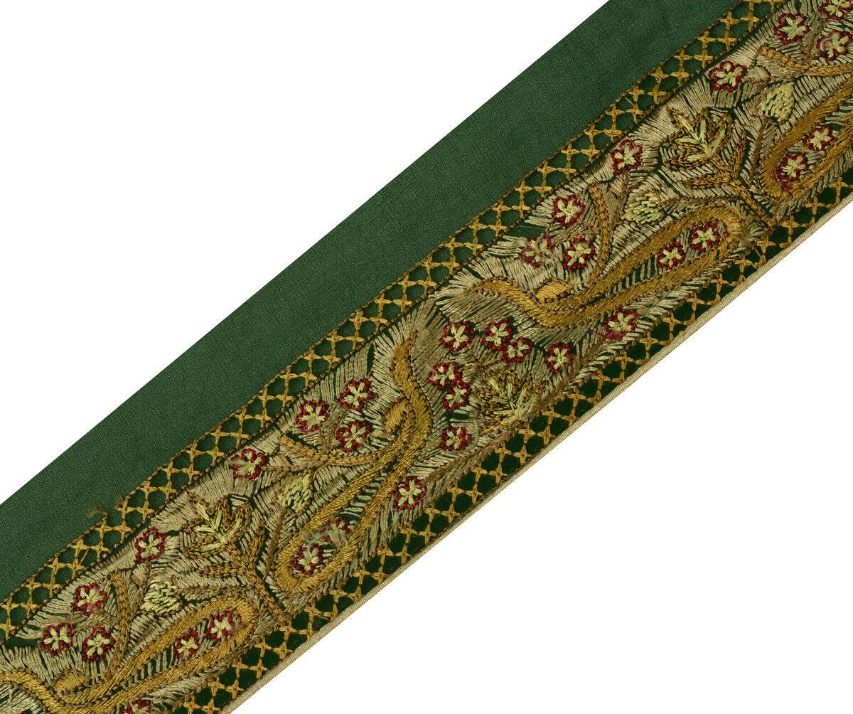 Antique Vintage Saree Border Indian Craft Trim Embroidered Green Ribbon Lace