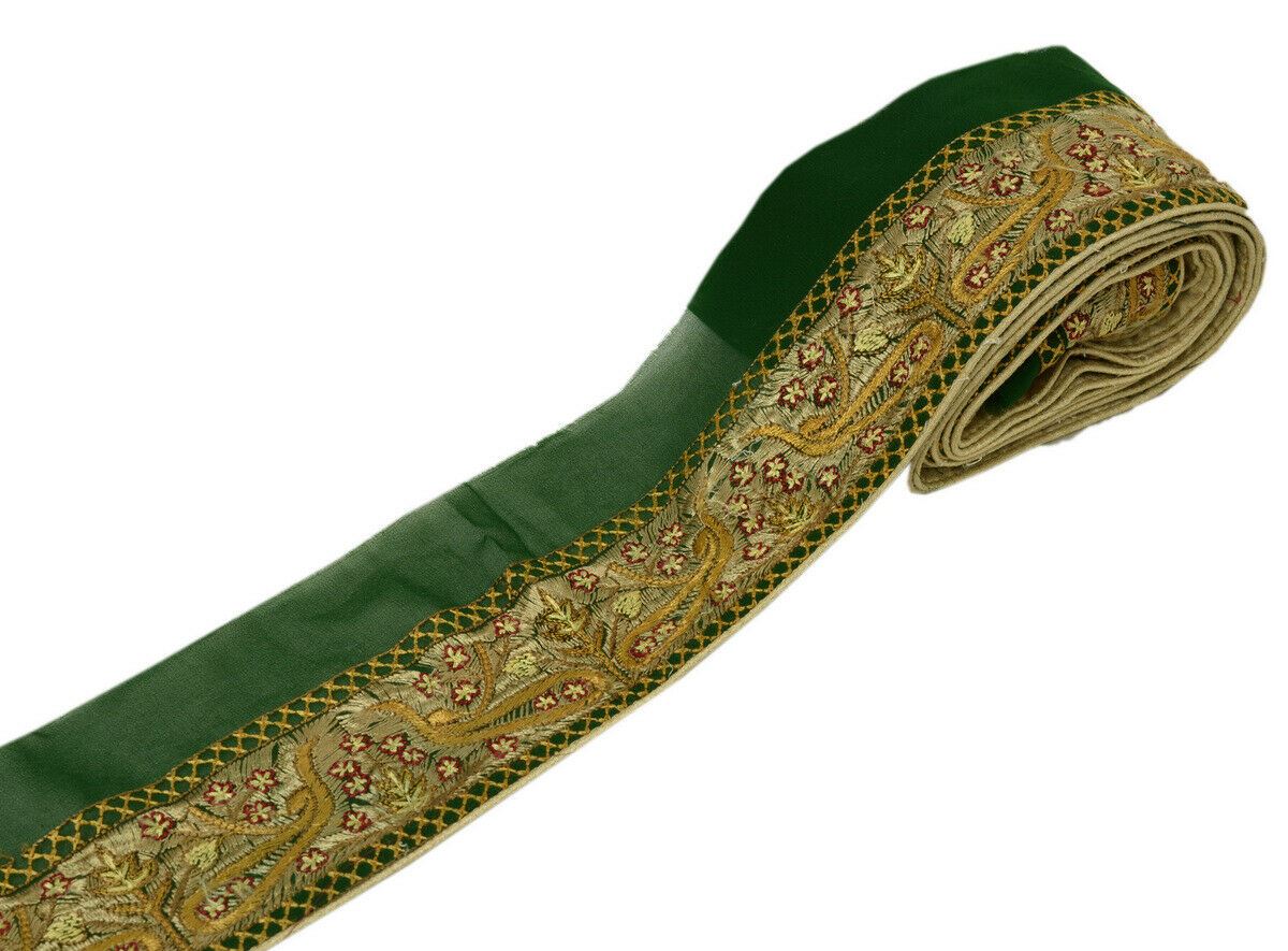 Antique Vintage Saree Border Indian Craft Trim Embroidered Green Ribbon Lace