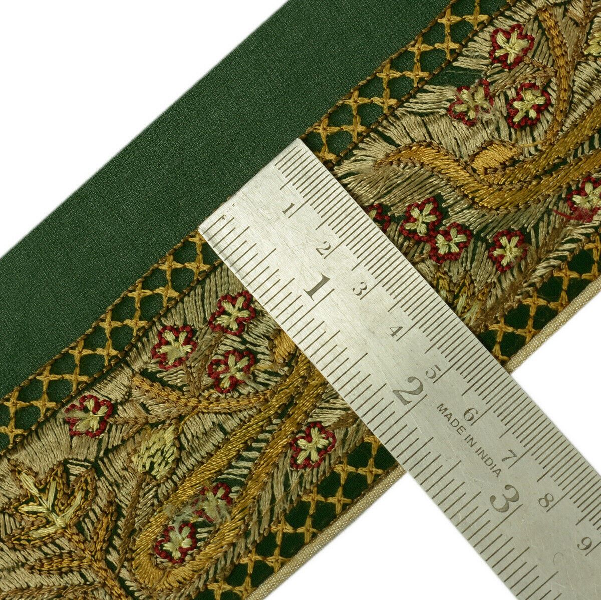 Antique Vintage Saree Border Indian Craft Trim Embroidered Green Ribbon Lace
