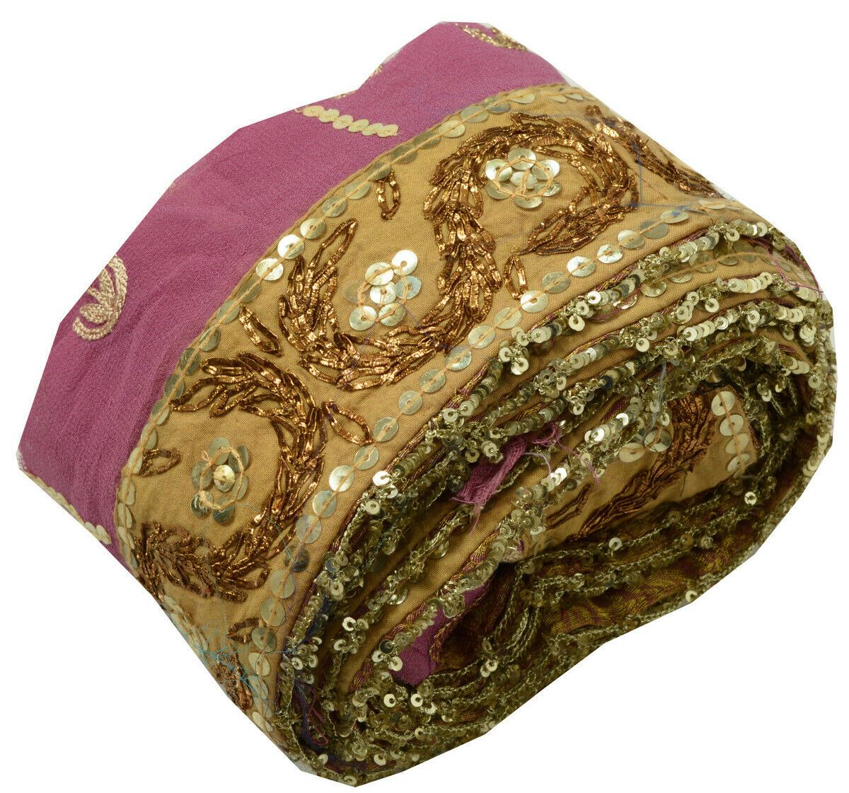 Antique Vintage Saree Border Indian Craft Trim Hand Beaded Brown Ribbon Lace