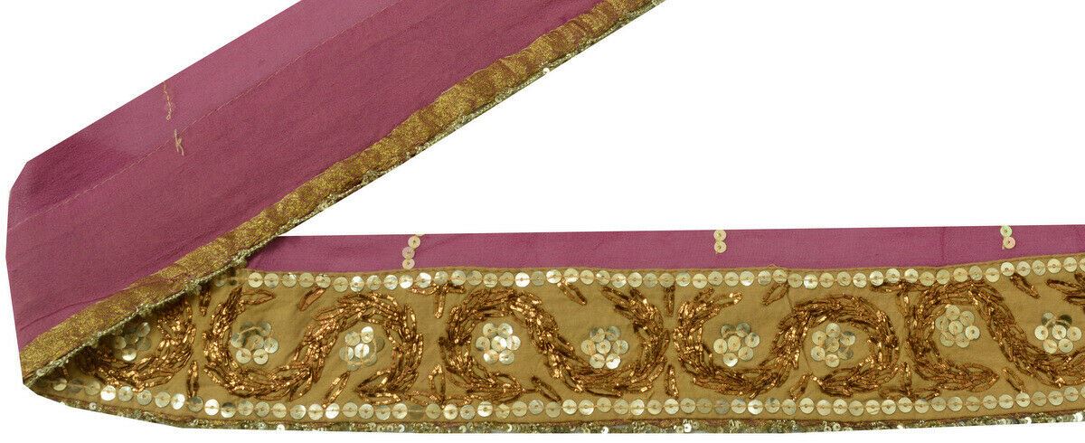 Antique Vintage Saree Border Indian Craft Trim Hand Beaded Brown Ribbon Lace