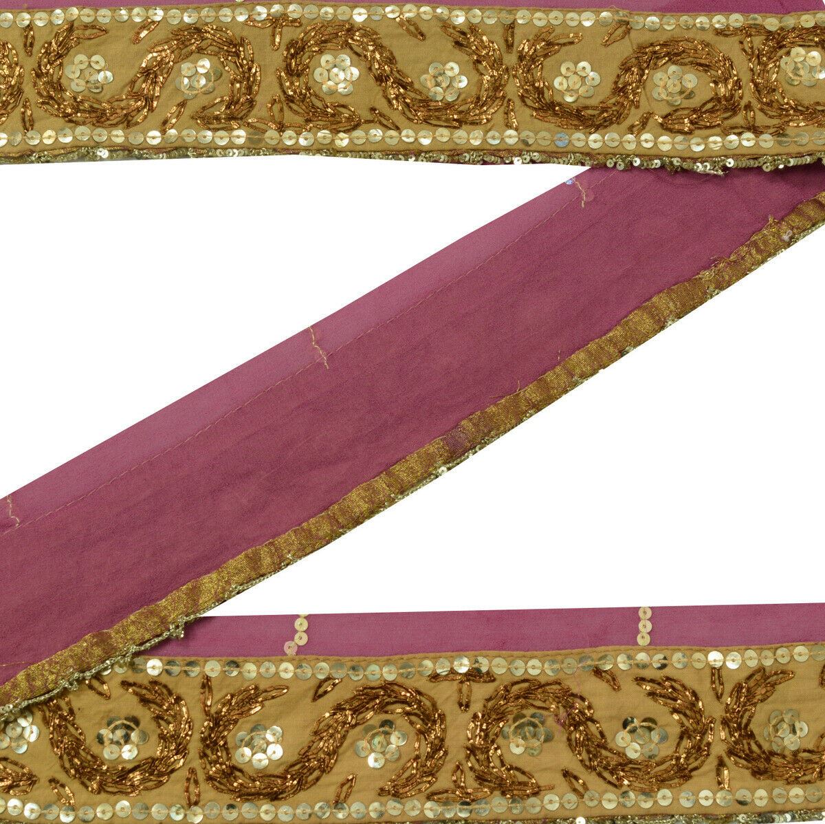 Antique Vintage Saree Border Indian Craft Trim Hand Beaded Brown Ribbon Lace