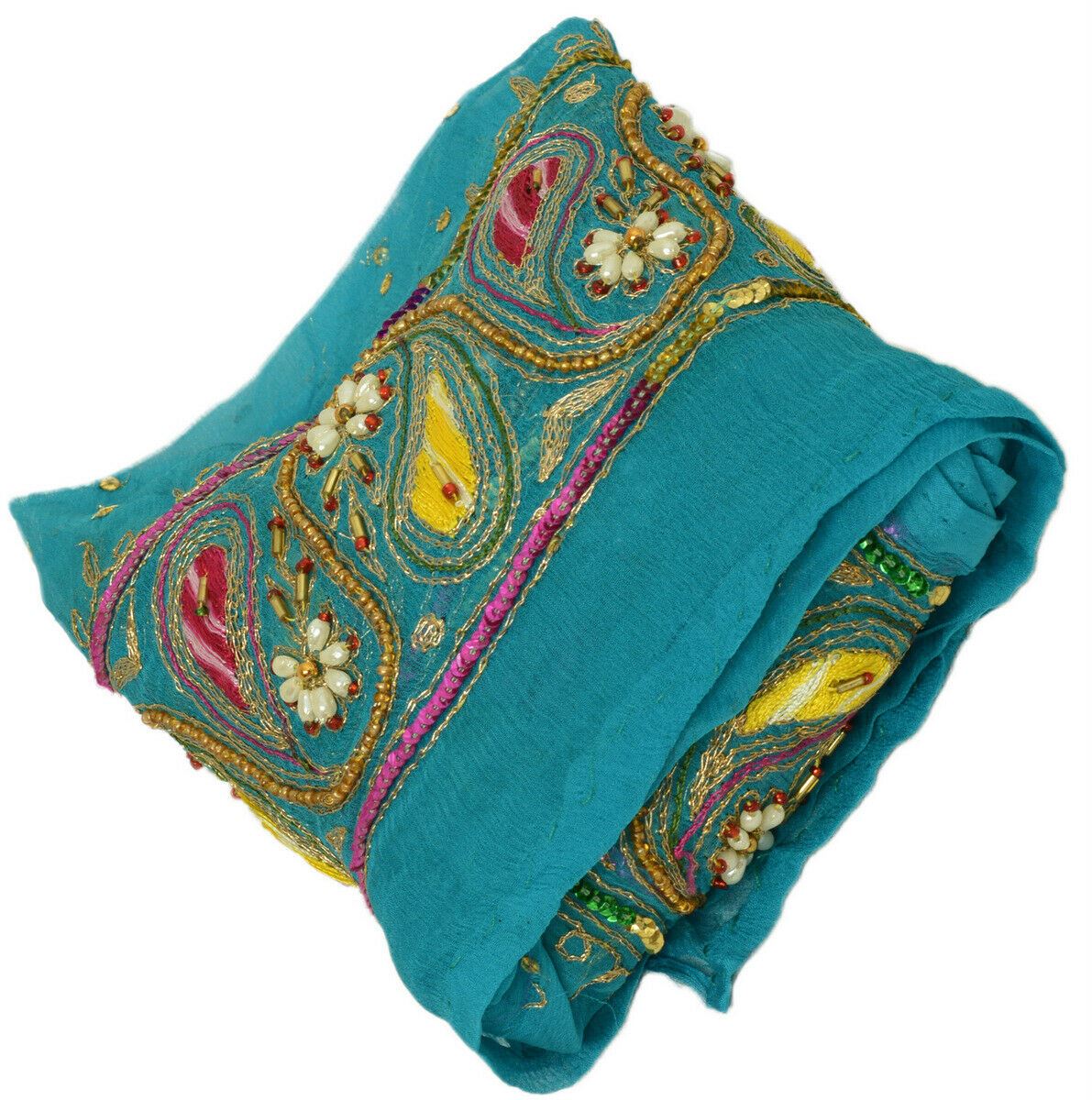 Antique Vintage Saree Border Indian Craft Trim Hand Beaded Pearl Blue Ribbon
