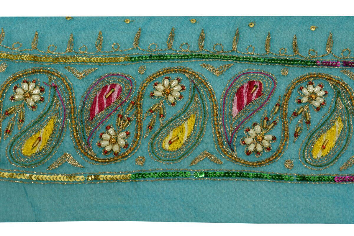 Antique Vintage Saree Border Indian Craft Trim Hand Beaded Pearl Blue Ribbon