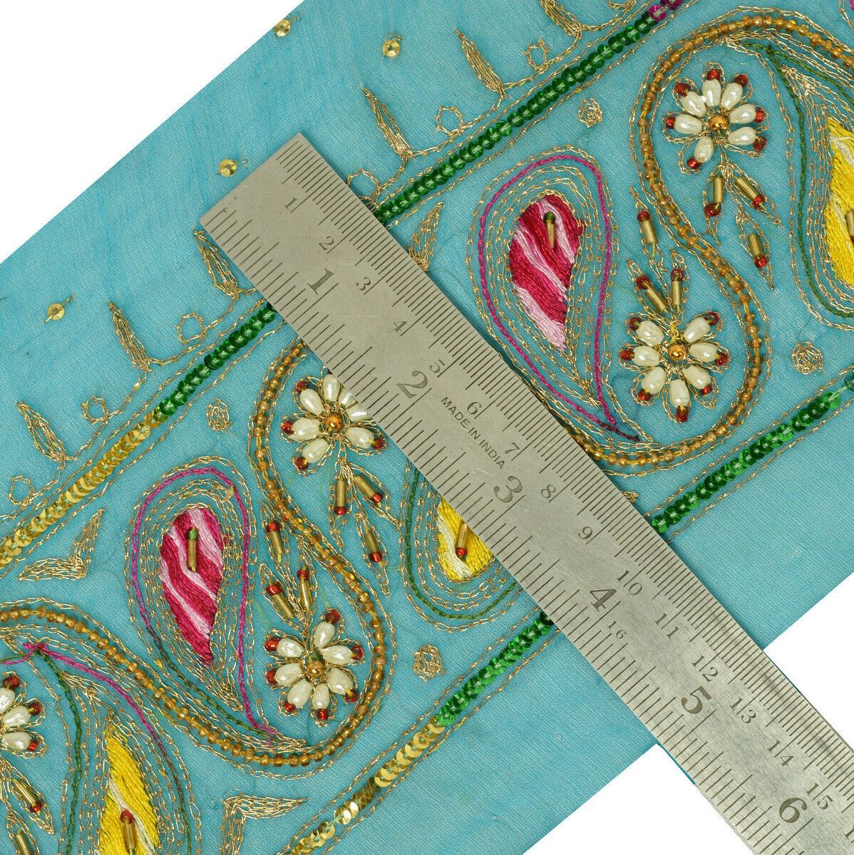 Antique Vintage Saree Border Indian Craft Trim Hand Beaded Pearl Blue Ribbon